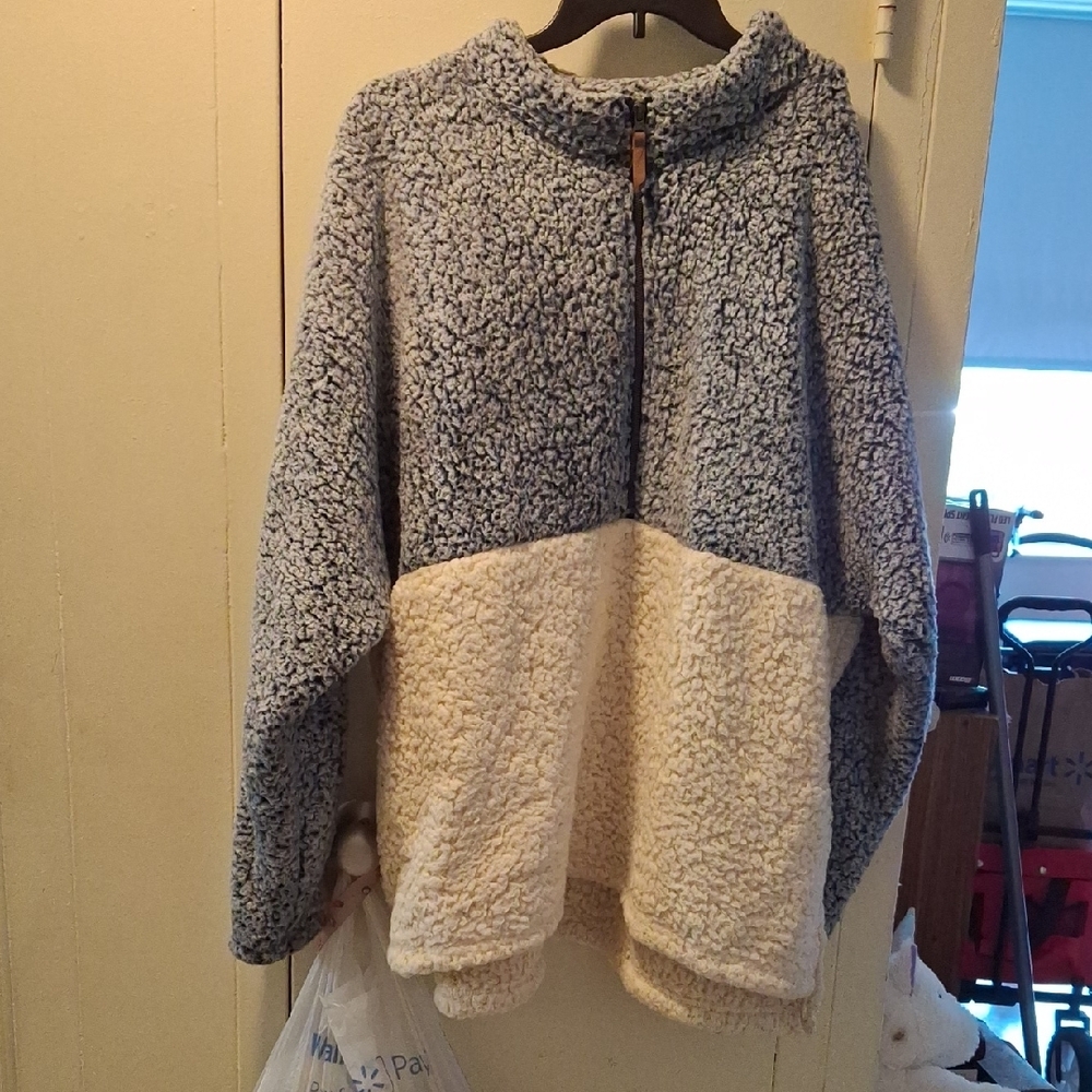 Blue and Cream Cowl Neck Sweater with Cozy Texture